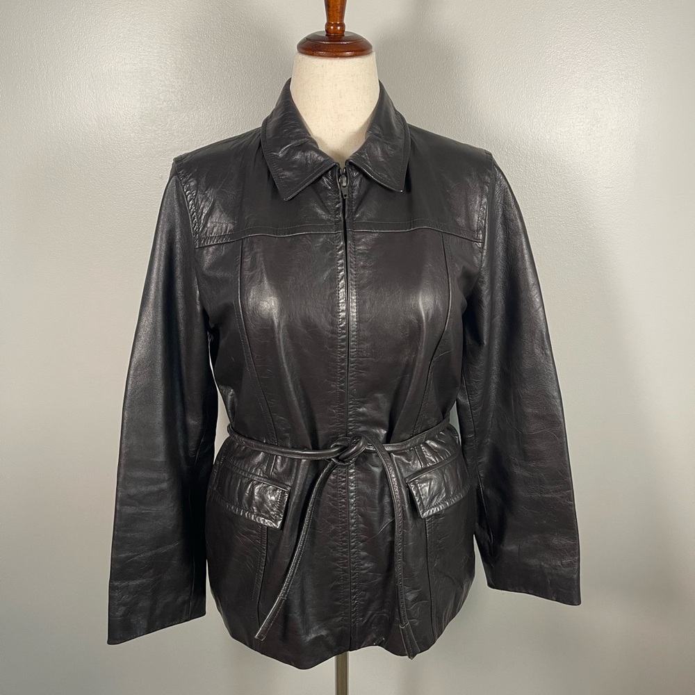 Express World Vintage-Y2K Leather Jacket Large Brown/Black Belted Jacket Retro